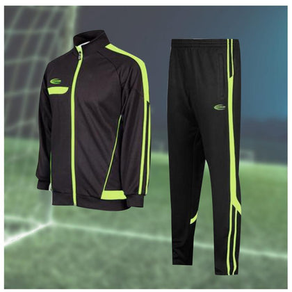 Desto Warmup set. A black jacket with neon green lining on the left. A black pant with neon green lining on the right. All above a soccer field background. 