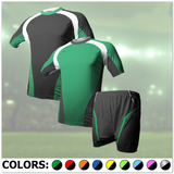Green and white soccer jersey with black shorts that have a green lining in front of a green stadium image