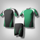 A green soccer jersey with thick white lining along the shoulder to the under arm with black underneath the biceps and along the hip going downward from the sides. A black soccer jersey with thick white lining along the shoulder to the under arm with green underneath the biceps and along the hip going downward from the sides.  One black short with green lining.