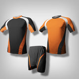 An orange soccer jersey with thick white lining along the shoulder to the under arm with black underneath the biceps and along the hip going downward from the sides. A black soccer jersey with thick white lining along the shoulder to the under arm with orange underneath the biceps and along the hip going downward from the sides.  One black short with orange lining.