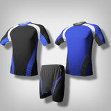 A royal blue soccer jersey with thick white lining along the shoulder to the under arm with black underneath the biceps and along the hip going downward from the sides. A black soccer jersey with thick white lining along the shoulder to the under arm with royal blue underneath the biceps and along the hip going downward from the sides.  One black short with royal blue lining.