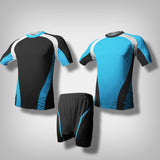 A sky blue soccer jersey with thick white lining along the shoulder to the under arm with black underneath the biceps and along the hip going downward from the sides. A black soccer jersey with thick white lining along the shoulder to the under arm with sky blue underneath the biceps and along the hip going downward from the sides.  One black short with sky blue lining.