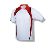 Red, black, and white button up polo shirt