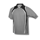 Grey short sleeve button up polo shirt with black and white lining