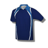 Navy Blue short sleeve button up polo shirt with Royal Blue and white lining